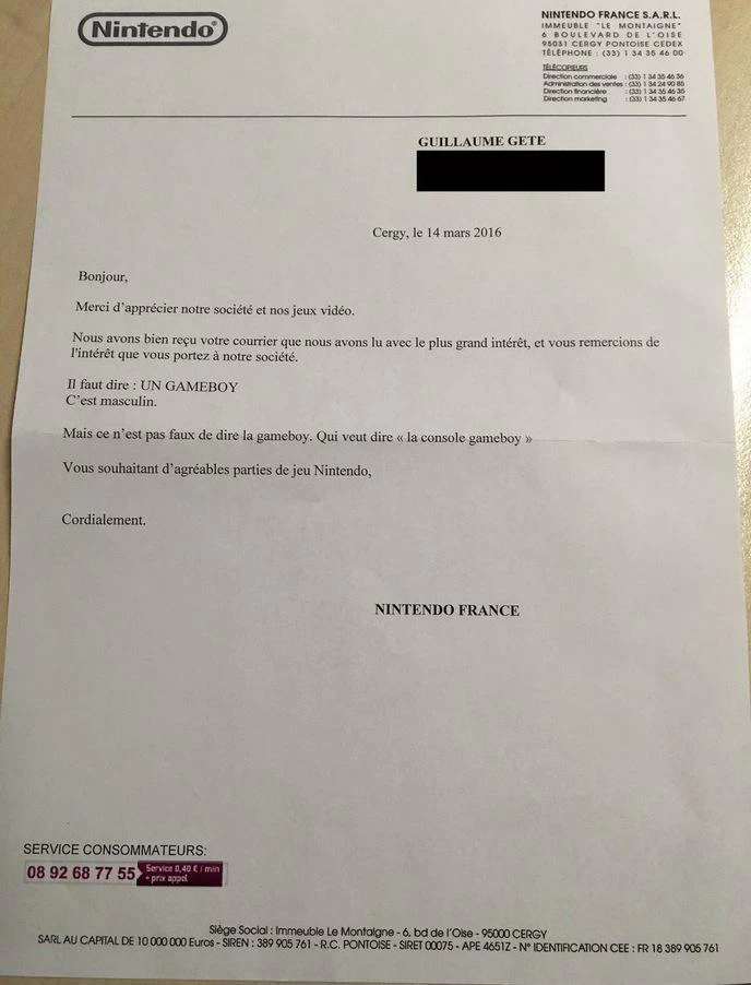 Lettre de réponse de Nintendo France